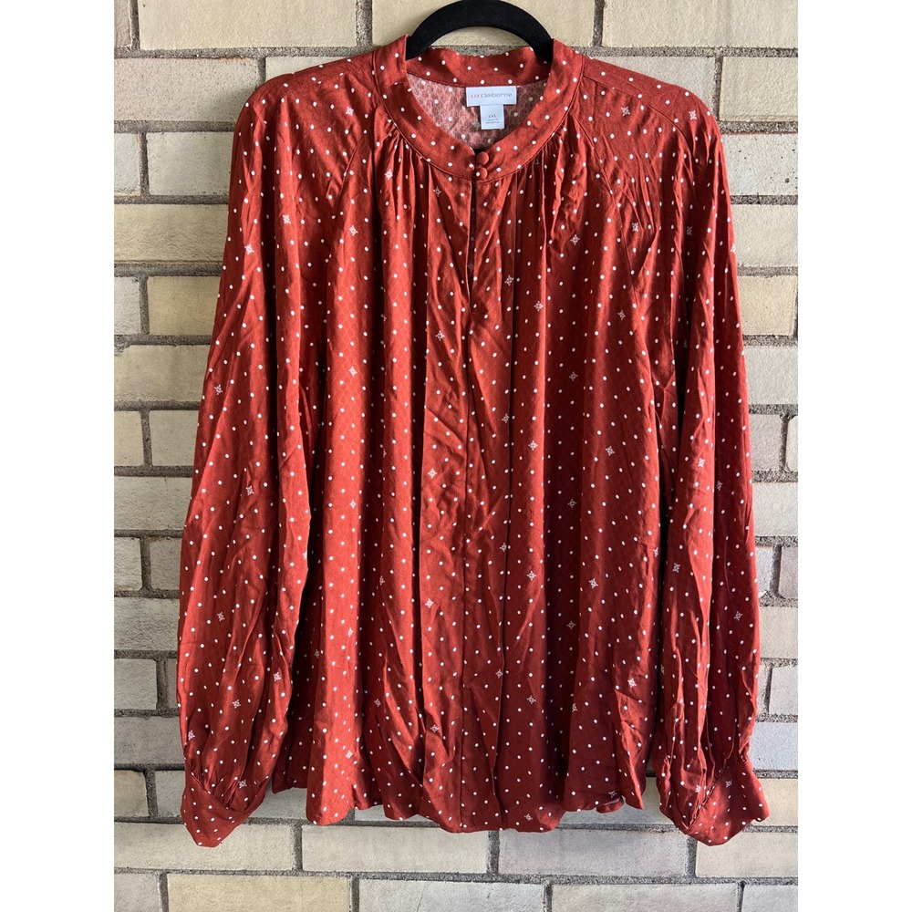Liz Claiborne Textured Brown Polka Dot Band Collar Blouse Size XXL NWT